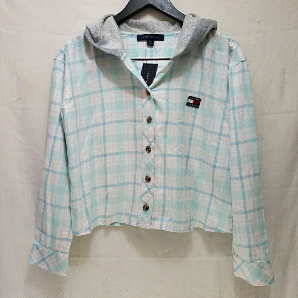 NWT Tommy Hilfiger Top Button Up Shirt Cropped Hoodie Long Sleeve Size S